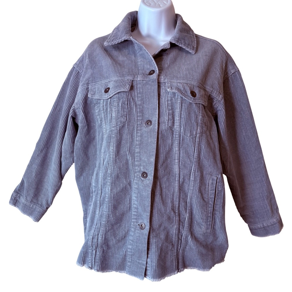 Zara Corduroy Trucker‎ Jacket Women XS Blue Button Front Raw Hem Pockets shacket
